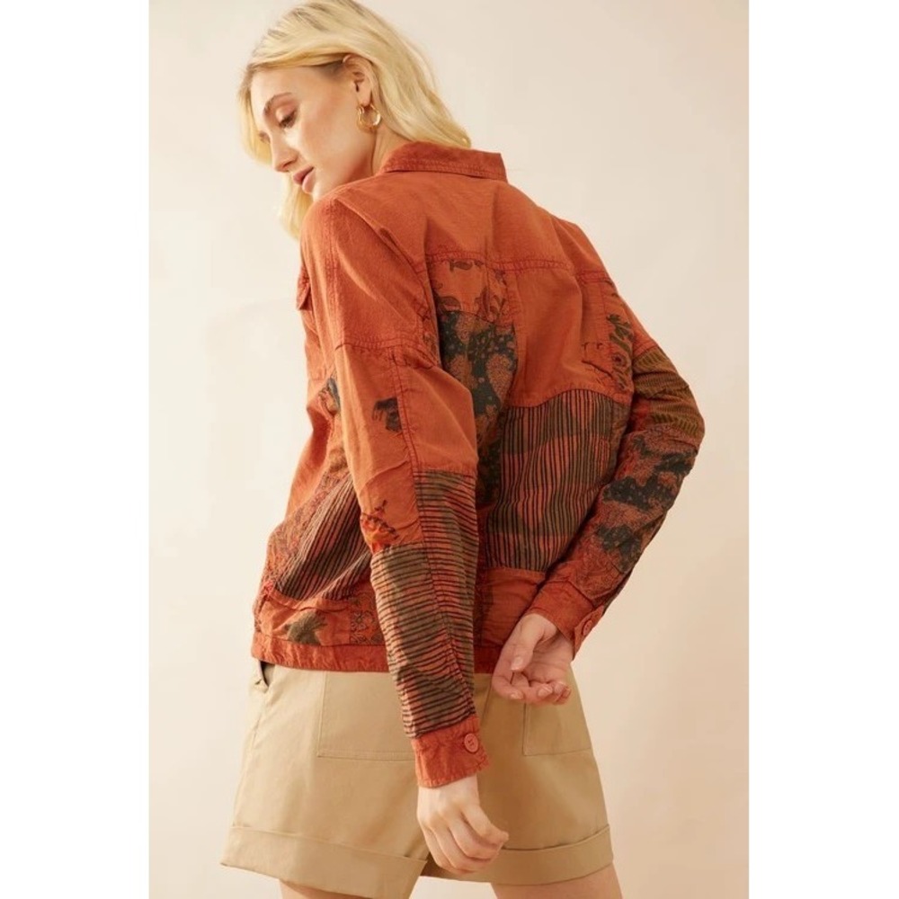 Bohera Rust Orange Patchwork Utility Jacket Women Medium Floral Boho Cotton NWT